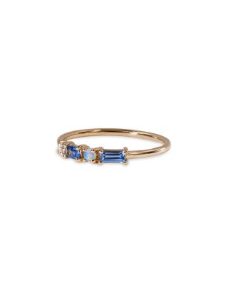 14K Yellow Gold Brickwork Blue Sapphire, Diamond &amp; Opal Pillar Ring