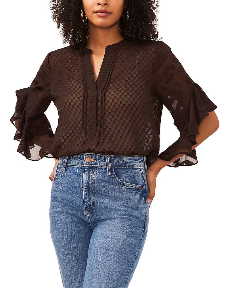 Vince Camuto Flutter Sleeve Clip Dot Chiffon Top In Chocolate