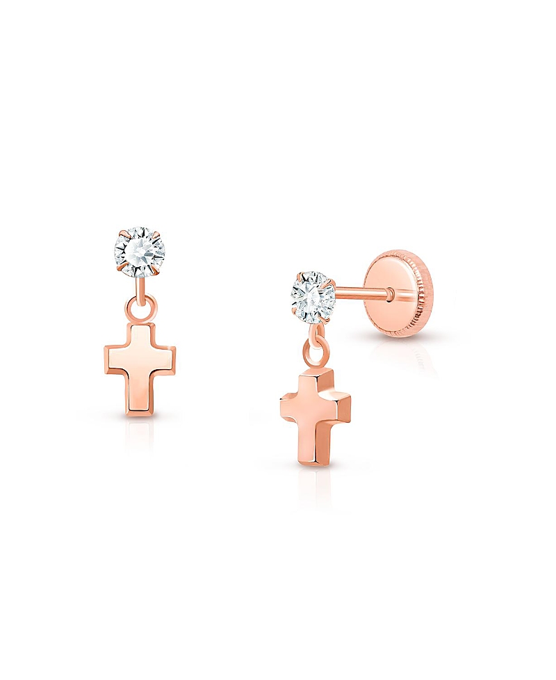 Tiny Blessings Children's 14k Gold Dangling Simple Cross Drop Girls' Screw Back Earrings In K Rose Gold