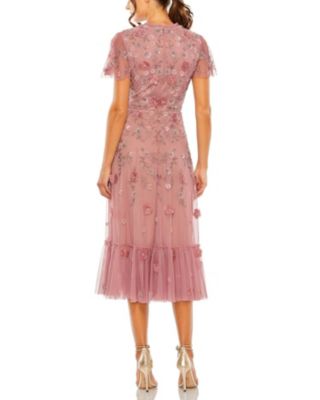 Embellished High Neck Floral Applique with Beaded Detail A Line Dress