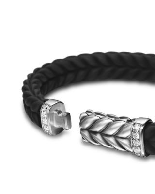 Men's Sterling Silver Chevron Diamond Wide Woven Black Rubber Bracelet