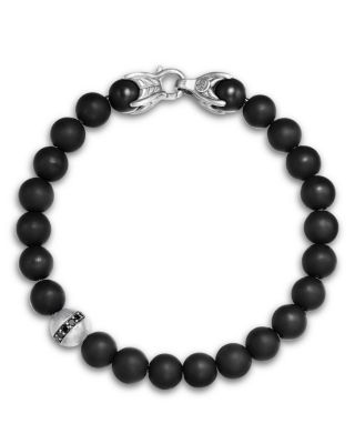 Men's Spiritual Beads Bracelet in Sterling Silver with Black Onyx & Pav&eacute; Black Diamond Accent, 8mm