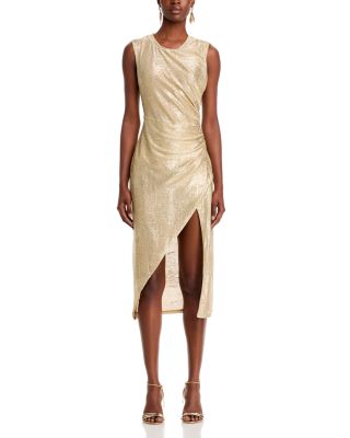 bcbgmaxazria metallic midi dress BCBG Max Azria Bronze Metallic Leather Sheath Midi Dress Size 4 Back Slit