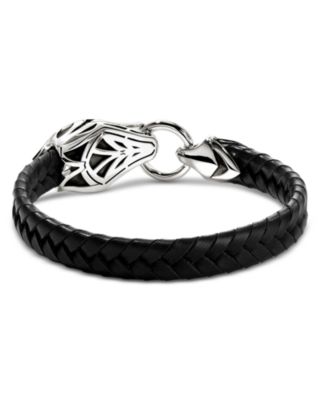 Sterling Silver Naga Blue Sapphire Snake Braided Black Leather Bracelet