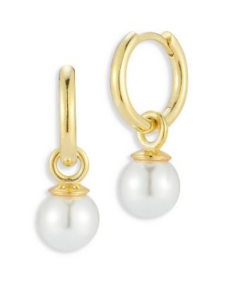 Aqua Cultured Freshwater Pearl Charm Huggie Hoop Earrings in 14K Gold Plated Sterling Silver - Exclusive