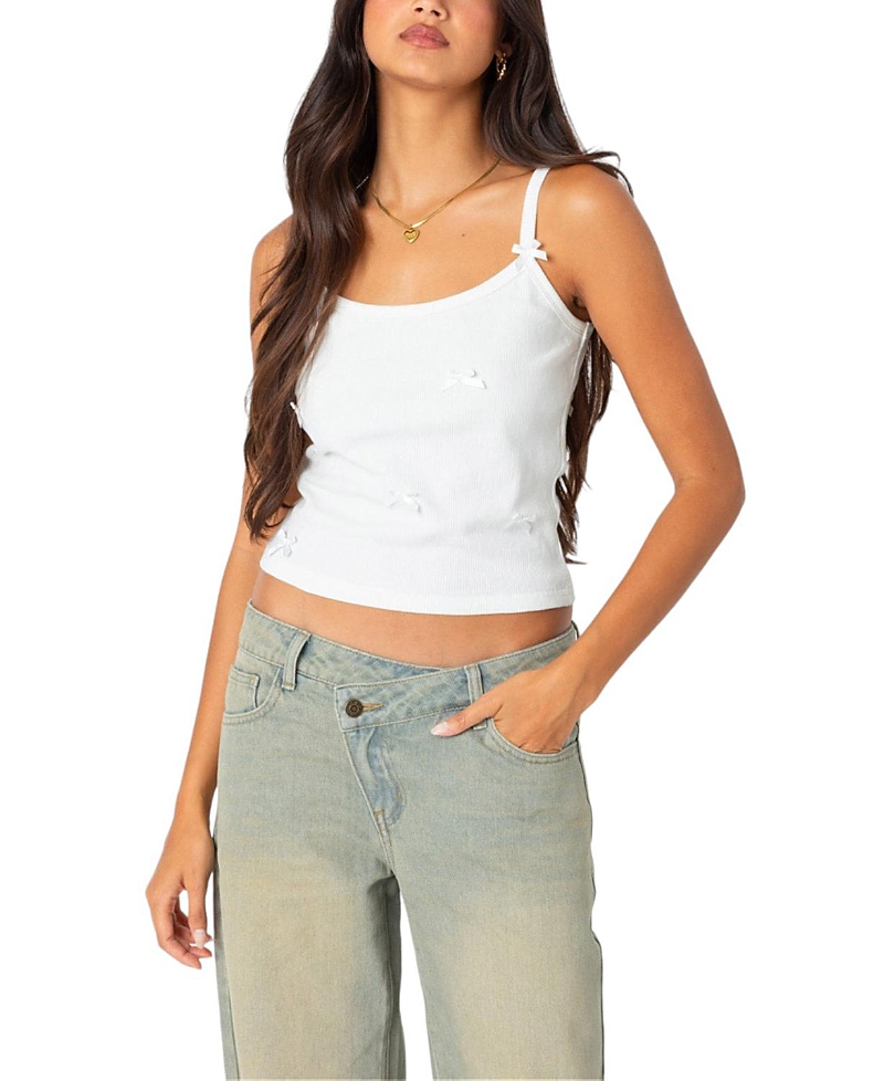 Shop Edikted Emilia Ribbed Bow Tank Top In White