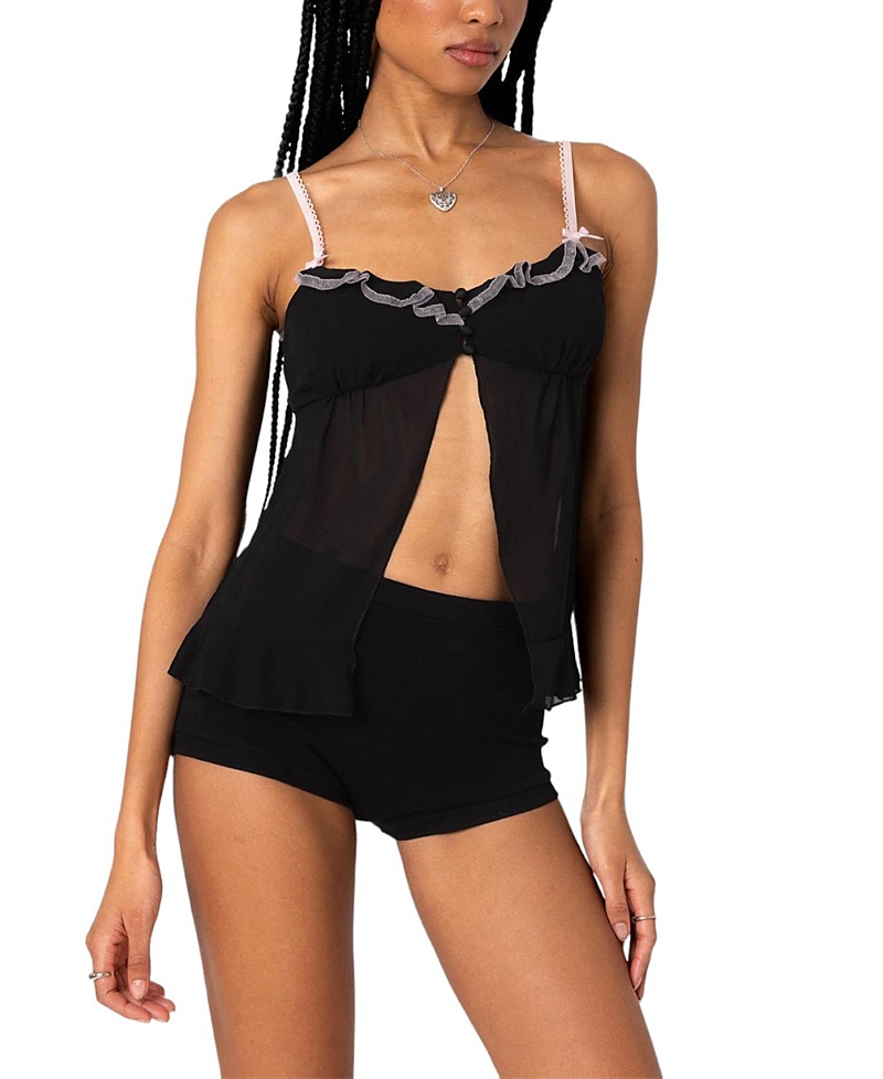 Shop Edikted Sheer Split Front Babydoll Top In Black