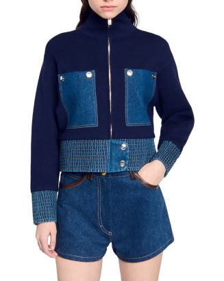 Knit and denim cardicoat white / beige For Women | Sandro Paris
