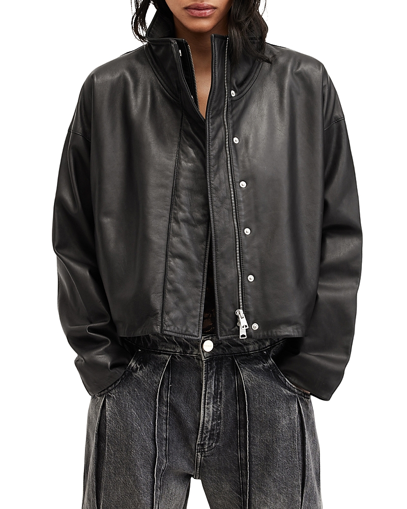 Allsaints Ryder Funnel Neck Leather Jacket In Black
