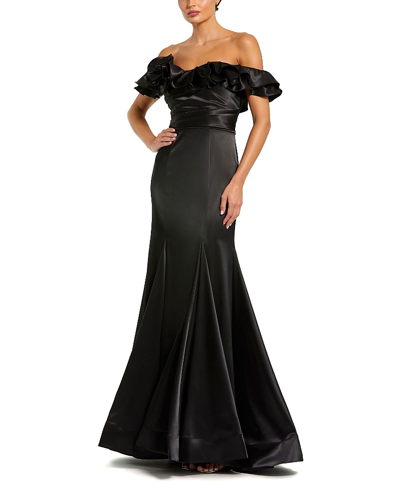 Mac Duggal Satin Ruffle Detail Off The Shoulder Mermaid Gown In Black