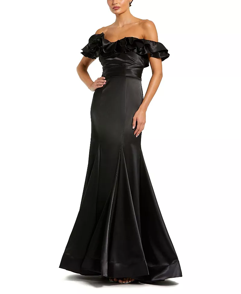 Mac Duggal Satin Ruffle Detail Off The Shoulder Mermaid Gown