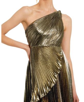 Metallic Pleated Ruffle Hem One Shoulder High Low Gown