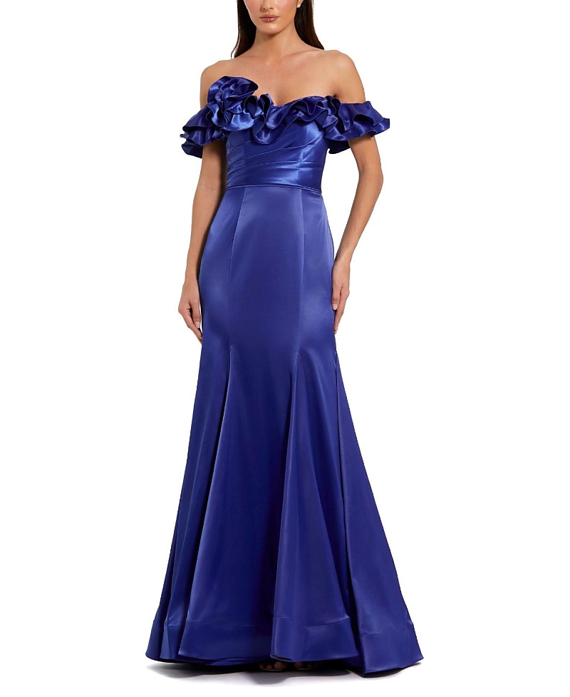 Mac Duggal Satin Ruffle Detail Off The Shoulder Mermaid Gown In Cobalt