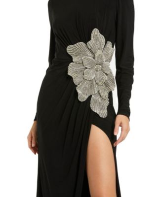 Thigh High Slit Embellished Flower Detail Jersey Gown