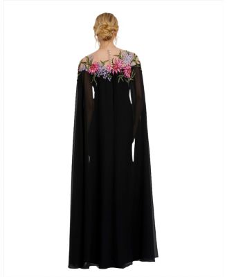 Sheer Cape Beaded Floral Embroidery Detail Gown
