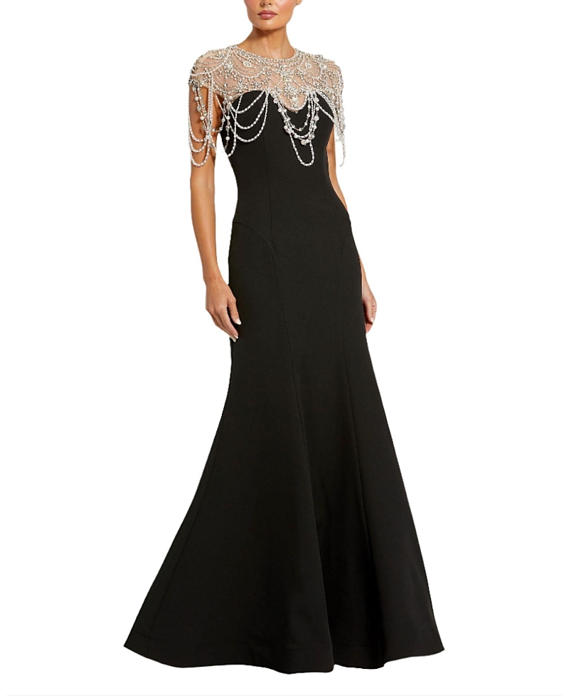 Mac Duggal Draped Pearl Beaded Detail Mermaid Gown In Black