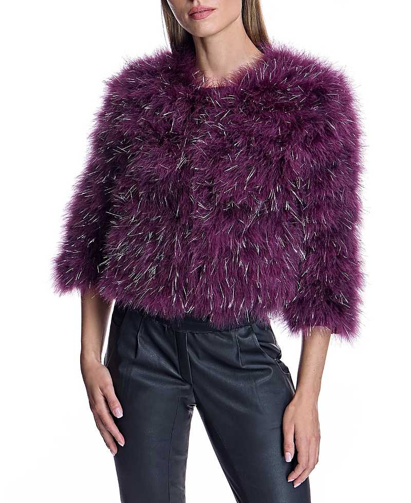 Maximilian Feather Bolero With Metallic Thread Inserts In Burgundy Metallic