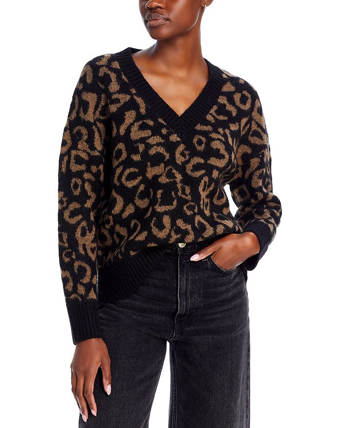 AQUA Leopard Print V Neck Sweater 100 Exclusive Bloomingdale s