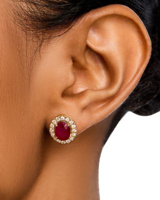 Ruby & Diamond Oval Halo Stud Earrings in 14K Yellow Gold