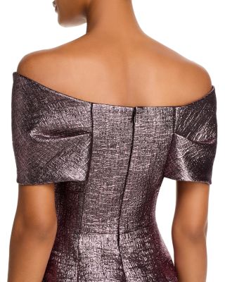 Metallic Jacquard Twist Bodice Off-the-Shoulder Gown