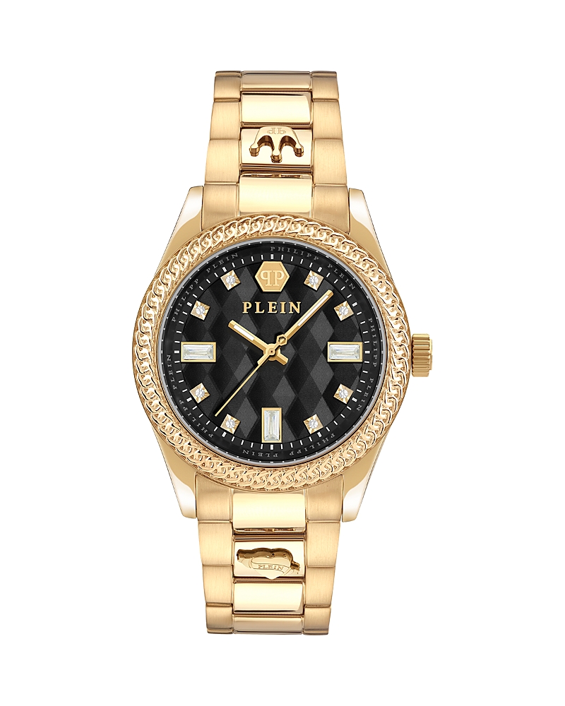 Philipp Plein Queen Crystal Watch With Black Guilloche Dial In Black/gold
