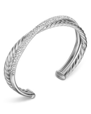 Crossover Two Row Cuff Bracelet in Sterling Silver with Diamonds, 11mm