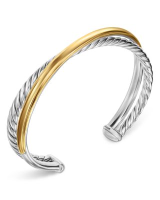 Crossover Two Row Cuff Bracelet in Sterling Silver with 14K Yellow Gold, 11mm