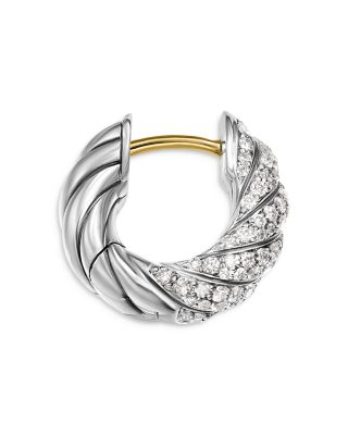 Sculpted Cable Hoop Earrings in Sterling Silver with Diamonds, 14.4mm