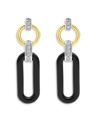 LAGOS - 18K Gold Signature Caviar Diamond & Black Ceramic Link Drop Earrings