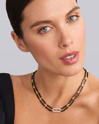 18K Yellow & White Gold Signature Caviar Diamond & Black Ceramic Station Link Necklace, 18"