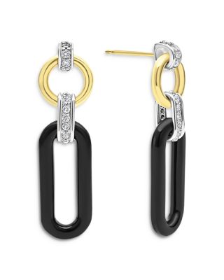 18K Gold Signature Caviar Diamond & Black Ceramic Link Drop Earrings