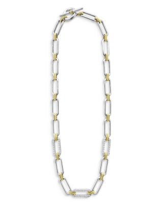 18K Yellow Gold & Sterling Silver Signature Caviar Diamond Trio Station Link Collar Necklace, 18"