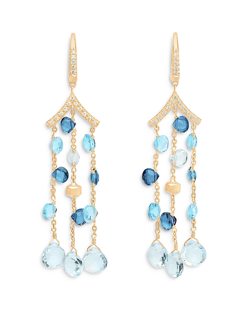 Marco Bicego 18K Yellow Gold Paradise Topaz London Blue Topaz, Swiss Blue & Diamond Three Strand Chandelier Drop Earrings