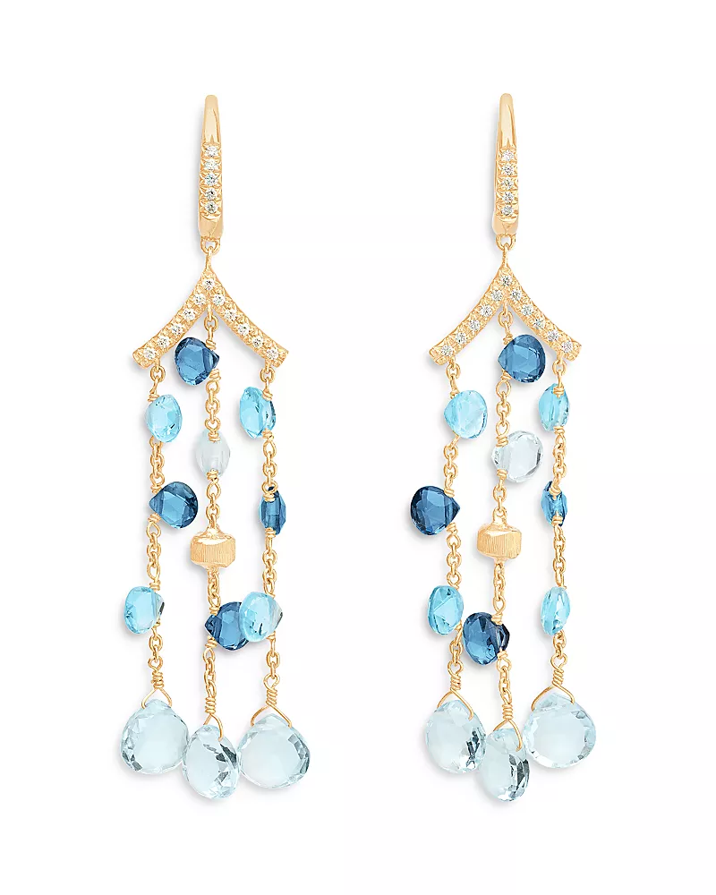 Marco Bicego 18K Yellow Gold Paradise Topaz London Blue Topaz, Swiss Blue & Diamond Three Strand Chandelier Drop Earrings