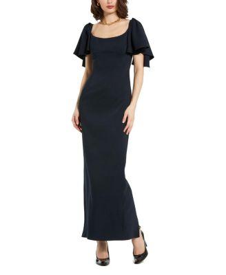 Crepe Ruffle Sleeve Fitted Maxi Dress