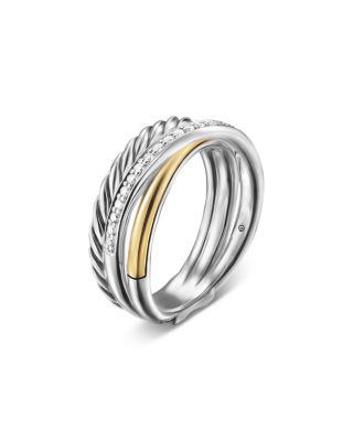 Crossover Three Row Ring in Sterling Silver with 18K Yellow Gold and Diamonds, 7mm