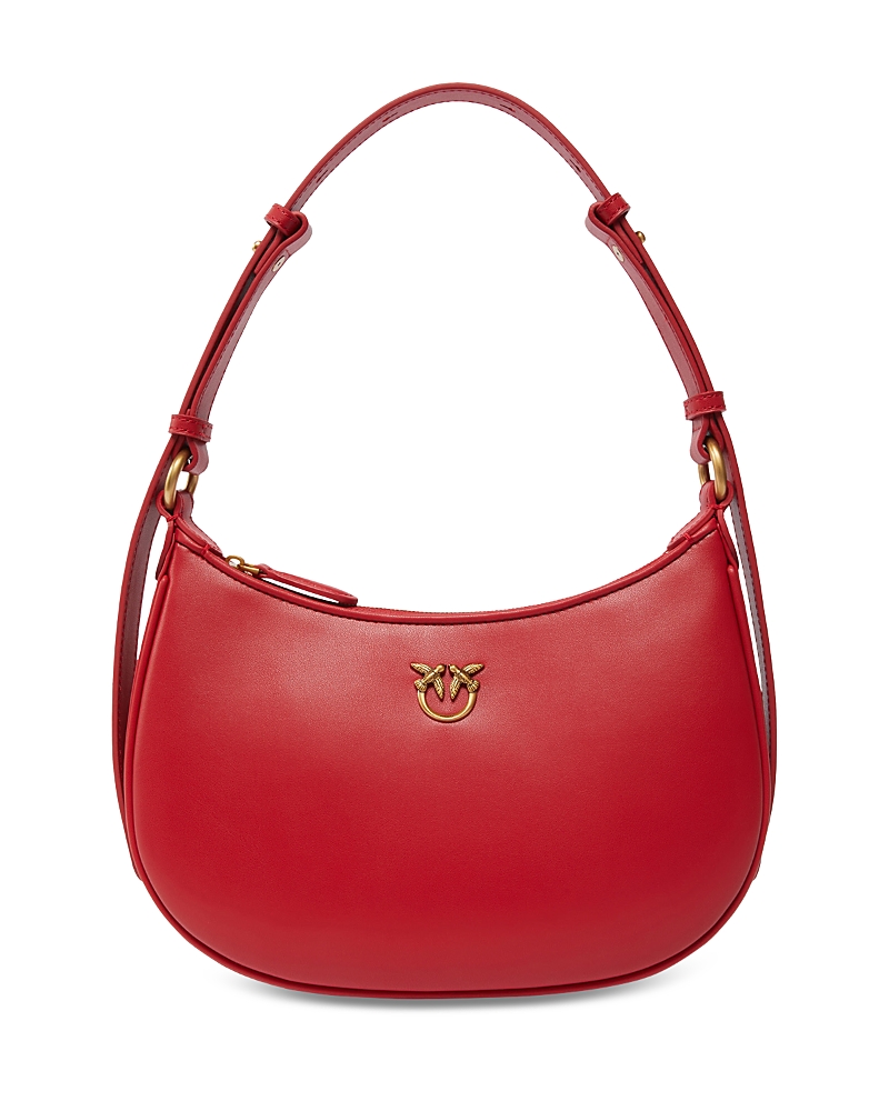 Shop Pinko Half Moon Small Vitello Leather Shoulder Bag In Red/antique Gold