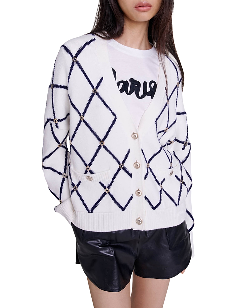 Maje Diamond Pattern Knitted Cardigan In Ecru