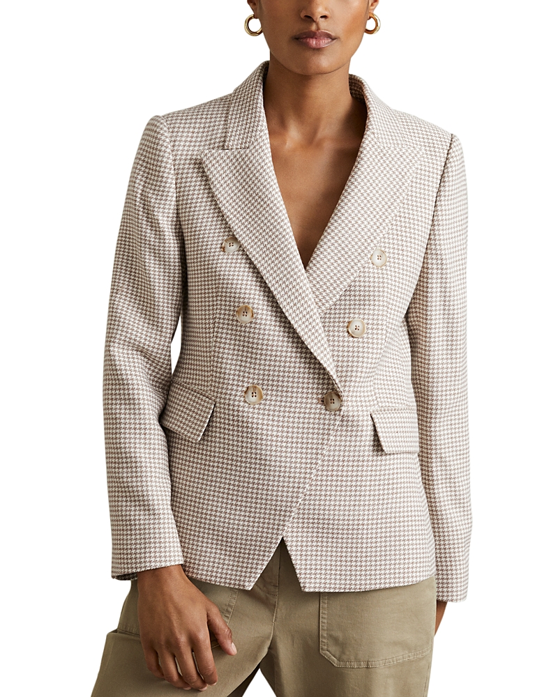 Reiss Natural Wool Blend Checked Double Breasted Blazer In Beige Check