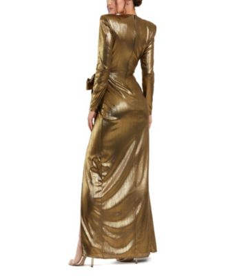Metallic Jersey Long Sleeve Bow Detail Thigh High Slit Gown