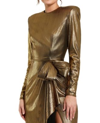 Metallic Jersey Long Sleeve Bow Detail Thigh High Slit Gown