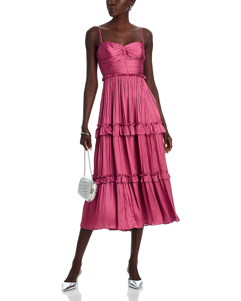 AQUA RUCHED RUFFLED MIDI DRESS - EXCLUSIVE