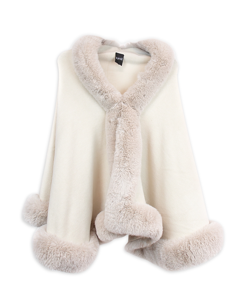 Surell Faux Fur Trim Poncho In Cream