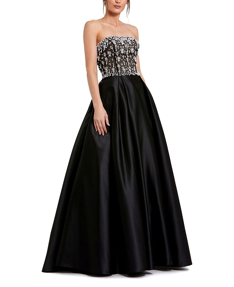 Mac Duggal Strapless Beaded Embellished Top Satin Ballgown In Black Ivory