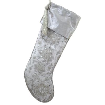 Sudha Pennathur Gray Velvet Beaded Snowflake Stocking