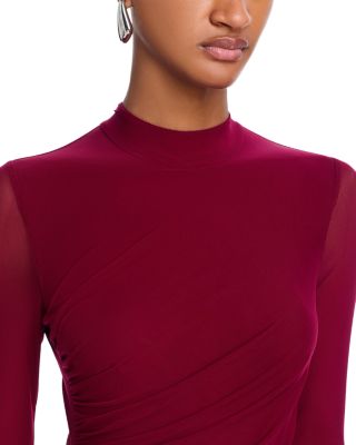 knee length dresses for ladies LOVICK STRAIGHT NECK PADDED BUST LONG SLEEVE RUCHED MESH MIDI DRESS main image 0