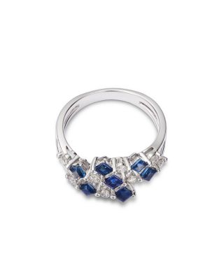Blue Sapphire & Diamond Square & Round Openwork Ring in 14K White Gold 