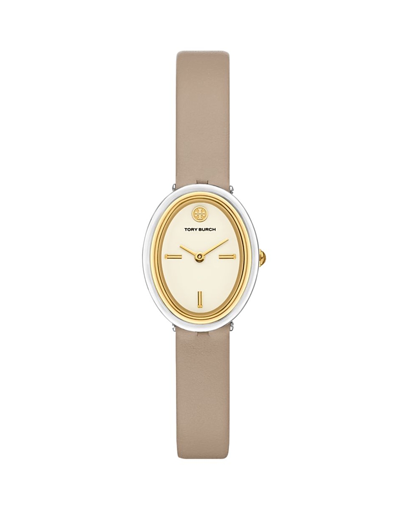 Tory Burch Women's The Oval Gray Leather Strap Watch 22mm In Cream/gray