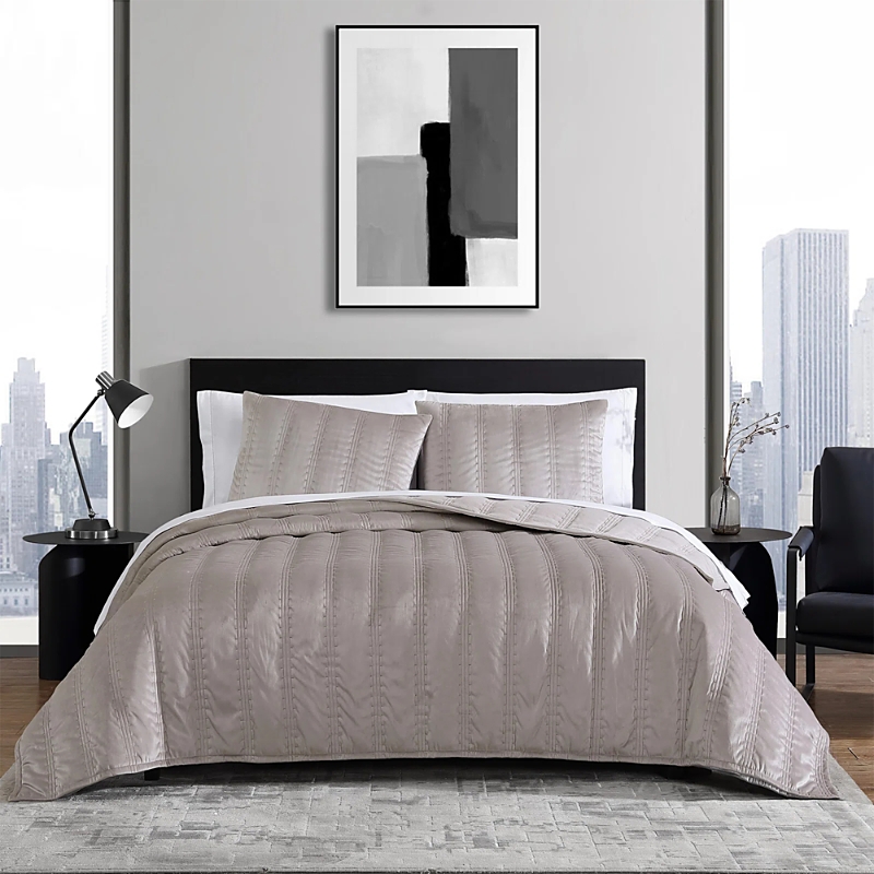 Shop Vera Wang Velvet Linear Stitch 3 Piece Quilt Set, Queen In French Clay