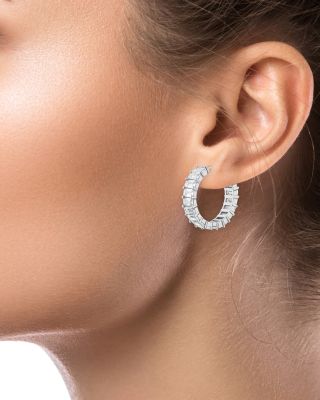 Emerald Cut Cubic Zirconia Hoop Earrings in Rhodium Plated